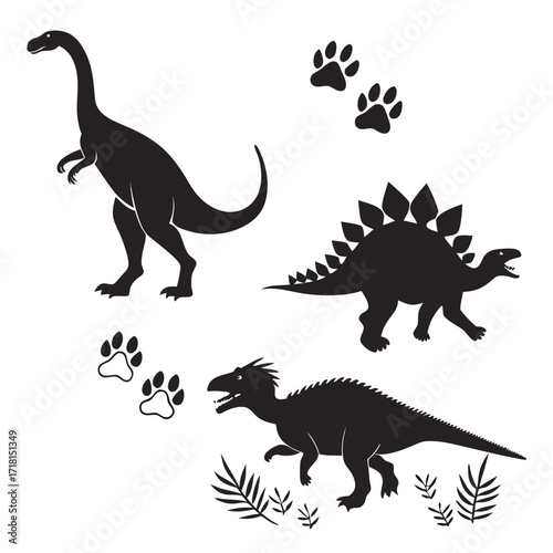 Dinosaur Silhouettes with Foliage and Paw Prints Keywords: dinosaur, silhouette, paw print