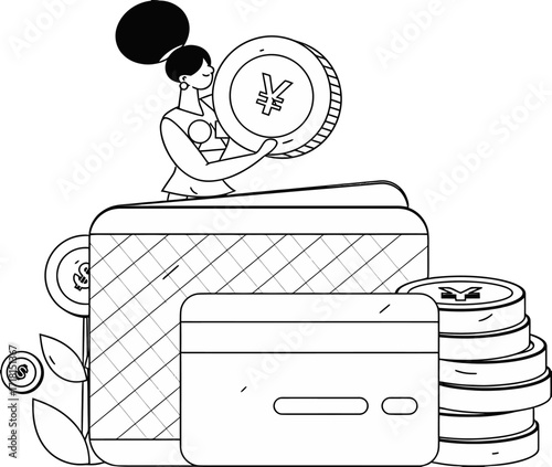 Woman holding large yuan coin over wallet and credit card with stacks of coins, symbolizing financial growth and wealth management for modern business and investment strategies