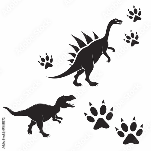 Dinosaur silhouettes with paw prints on white background