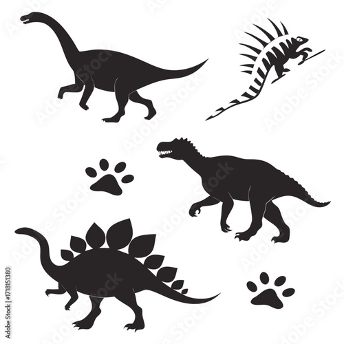 Dinosaur Silhouettes and Paw Prints with Unique Creature Keywords: dinosaur, silhouette, paw