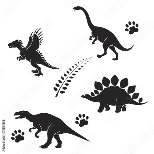 Dinosaur silhouettes, paw prints, and plant on white