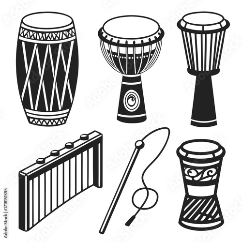 Diverse African Drums And Percussion Instruments Set