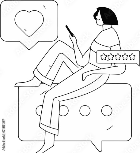 Engaged user happily scrolling smartphone receiving notifications for likes and positive reviews, representing social media interaction and digital engagement.
