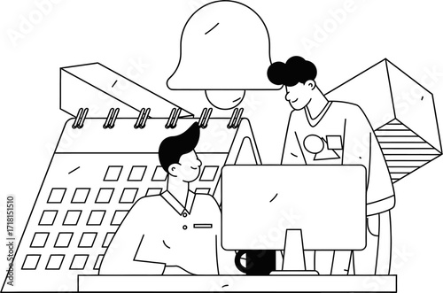 Dynamic duo collaborates on project deadline, planning success with calendar and computer in modern workspace, boosting team synergy and productivity