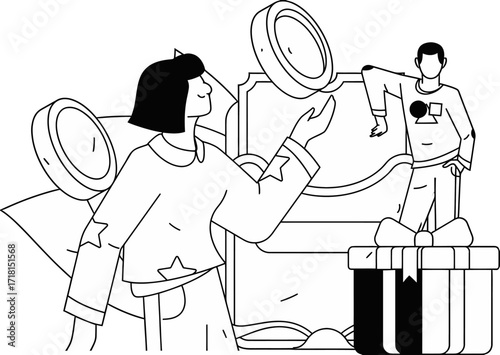 Joyful people celebrating financial win with coins and gift box, symbolizing success and rewards in modern business concepts, perfect for finance and marketing campaigns