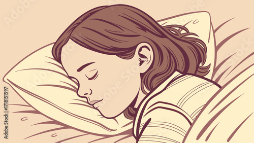 Hand-Painted Girl Sleeping on Pillow in Warm Natural Tones with Artistic Brush Vector