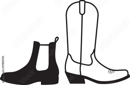 Chelsea Boot and Cowboy Boot Outline Duo on Transparent Background for Footwear Designs