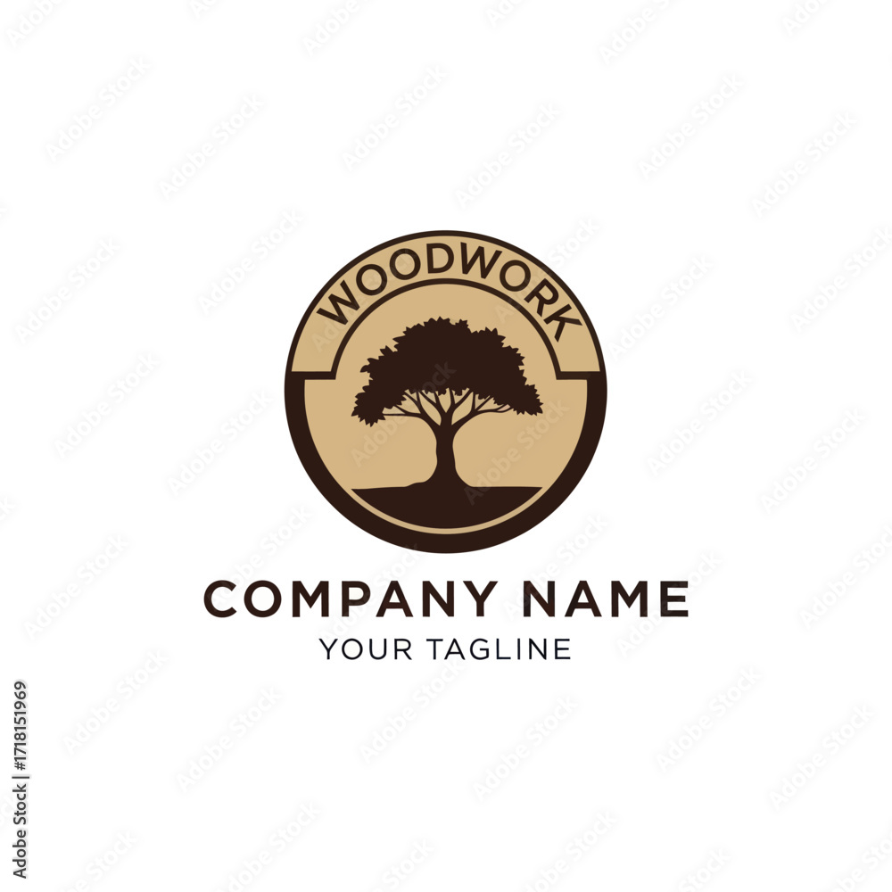 Fototapeta premium Woodworking Company Logo Template with Stylized Tree Silhouette, Circular Design, and Customizable Text on White Background, Flat Vector Elements, Vector Illustration, Simple Vector, Stylized Vector