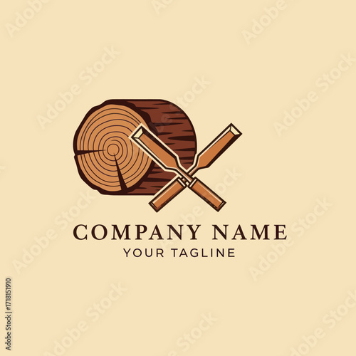 Woodworking Logo Design with Tree Log Cross-Section and Crossed Chisels on Beige Background, Ideal for Carpenter and Timber Industries, Flat Vector Elements, Vector Illustration, Simple Vector,