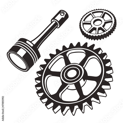 Engine Piston and Two Gears on White Background connecting rod