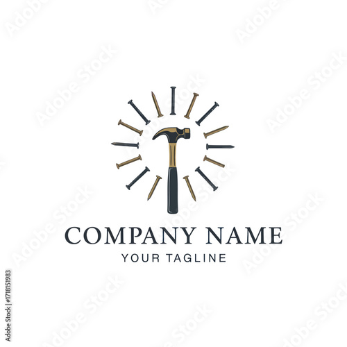Hammer and Nails Circular Logo for Construction and Handyman Services on White Background, Flat Vector Elements, Vector Illustration, Simple Vector, Stylized Vector Drawing, Vector Template, Clean