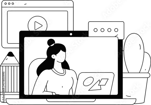 Modern businesswoman focused on laptop screen amidst digital tools and plant, symbolizing productivity and remote work success.