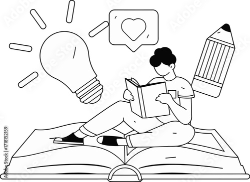 Young person immersed in reading on an open book, sparking ideas with a bright lightbulb, receiving positive feedback with a heart icon, and a pencil symbolizing creativity.