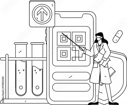 Confident scientist explains digital health advancements and medical research using QR codes on a smartphone with test tubes and capsules nearby creating a modern scientific presentation
