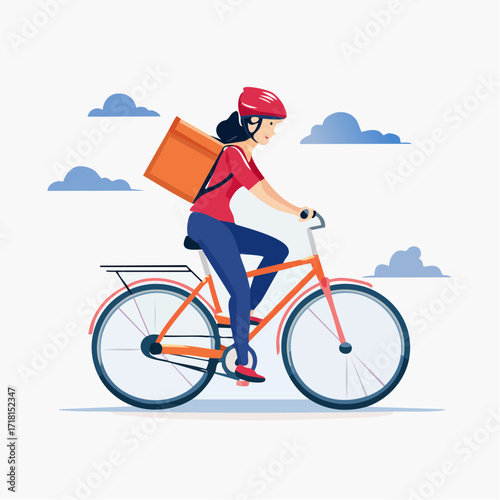 A woman in a red helmet and shirt rides a bicycle with an orange delivery box on her back, under a sky with blue clouds.