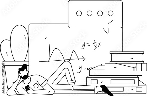 Young student relaxed with smartphone near whiteboard filled with math equations and graphs, surrounded by books and plants, conveying modern learning and digital study.