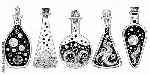 Collection of five whimsical black and white potion bottles filled with celestial and magical elements