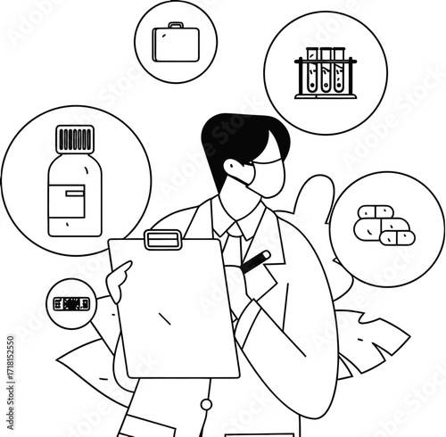 Dedicated scientist meticulously documenting vital research findings with medical icons representing pharmaceuticals and laboratory equipment for groundbreaking medical discoveries
