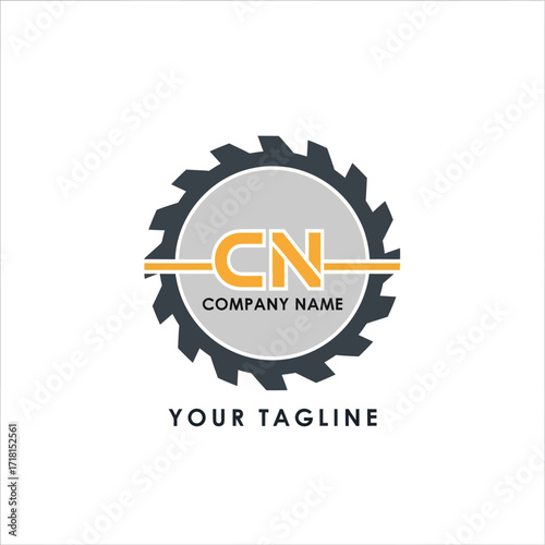 Modern industrial gear logo with 'CN' monogram, 'COMPANY NAME' and 'YOUR TAGLINE' in and grey, suitable for engineering, manufacturing, or tech businesses., Flat Vector Elements, Vector Illustration,