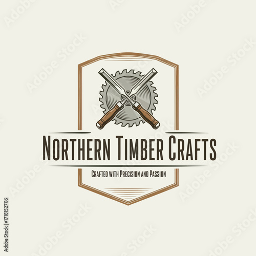 Northern Timber Woodworking Logo with Saw Blade and Crossed Chisels, Representing Precision Craftsmanship, Flat Vector Elements, Vector Illustration, Simple Vector, Stylized Vector Drawing, Vector