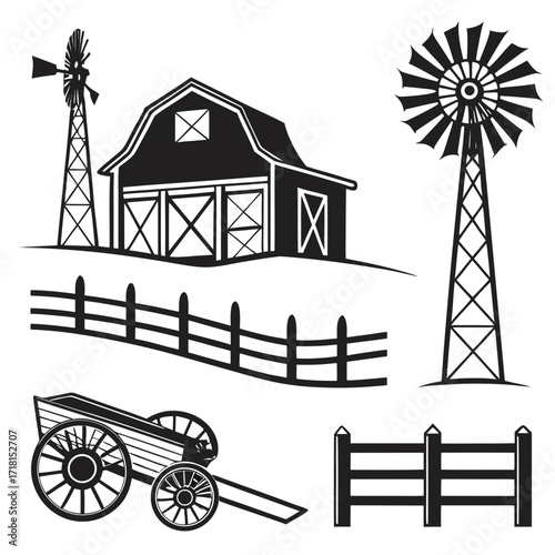 Farm Scene Silhouettes with Barn Windmills and Wagon Keywords: farm, barn, windmill, wagon