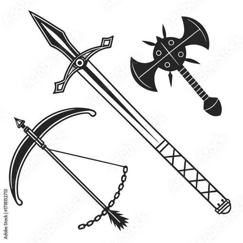 Fantasy Weapons Set Silhouette on White sword crossbow