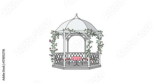 Detailed illustration of a white gazebo decorated with climbing roses and furniture