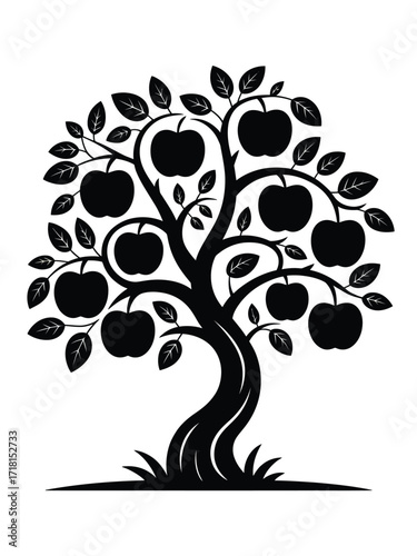 Stylized silhouette of a fruit tree laden with apples