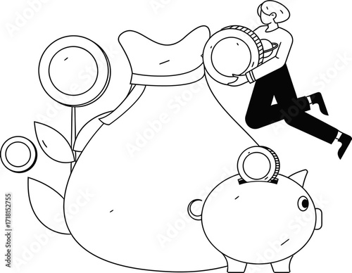 Ambitious entrepreneur actively saving money and growing wealth with a giant money bag and piggy bank, symbolizing financial success and future prosperity