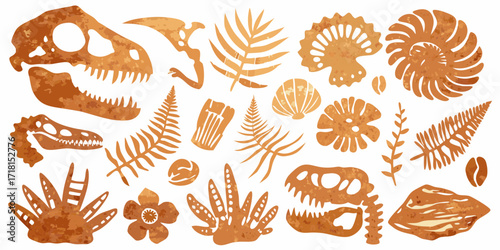 Collection of prehistoric fossils and plant silhouettes in warm earthy tones on a white background