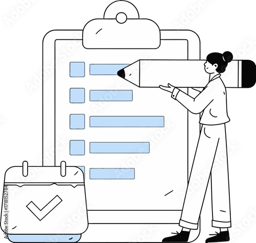 Dedicated professional diligently checking off tasks on a large clipboard checklist next to a calendar, symbolizing productivity and project management success.