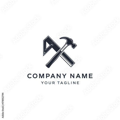 Professional Construction and Carpentry Business Logo featuring Crossed Hammer and Framing , with Company Name and Tagline on a Clean White Background, Flat Vector Elements, Vector Illustration,