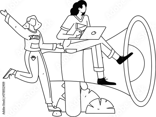 Dynamic duo amplifying messages digitally, one woman working on laptop while the other celebrates success, symbolizing team collaboration and modern communication strategies