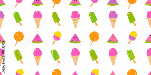 A colorful summer pattern featuring watermelon slices and various ice cream treats