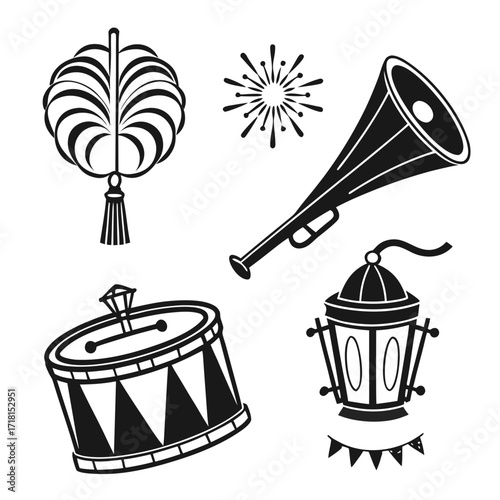 Festive celebration icons with drum, horn, lantern and firework