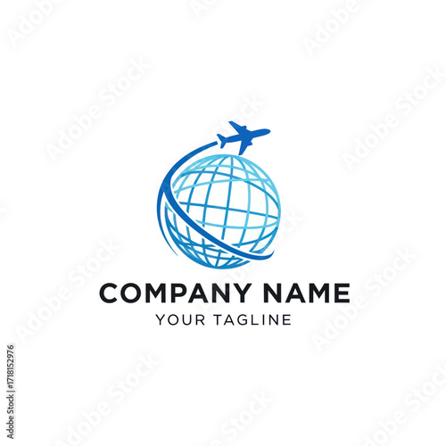 Modern Blue Global Travel and Logistics Logo with Stylized Airplane, Grid Globe, and Placeholder Text on White Background, Flat Vector Elements, Vector Illustration, Simple Vector, Stylized Vector