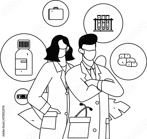 Two confident medical professionals in lab coats and masks surrounded by healthcare symbols of research, medicine, and business, representing innovation and discovery in the pharmaceutical industry.