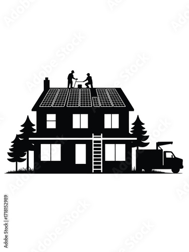 Workers installing solar panels on a house rooftop with a truck