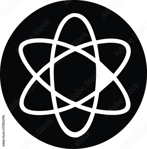 Abstract atomic symbol icon representing science and discovery within a circle for digital applications and design elements
