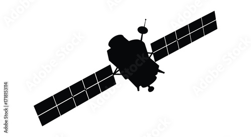 A black silhouette of a satellite with large solar panels extended