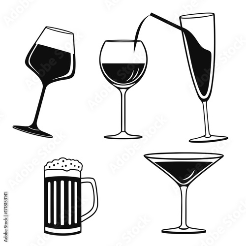 Five black and white illustrations of various alcoholic drinks