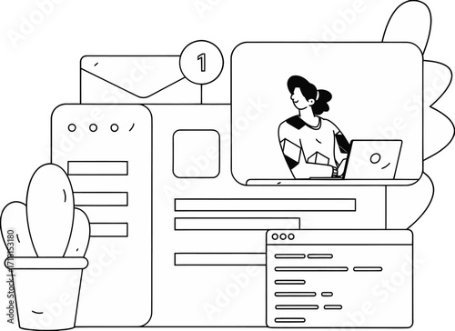 Focused woman works on laptop, receives important email notification, and manages digital tasks efficiently in a modern workspace illustration