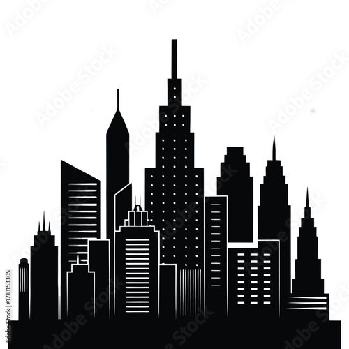 City skyline silhouette vector design with tall buildings, skyscraper architecture, modern urban landscape, metropolitan business symbol, creative graphic template illustration