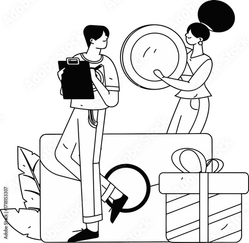 Dynamic duo collaborating on a unique project, presenting a valuable idea and celebrating success with a gift, symbolizing achievement and teamwork in modern business.