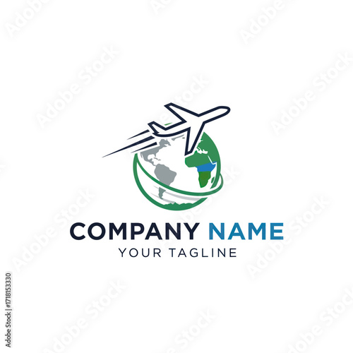Modern Global Travel Logo: Stylized Airplane Flying Around the Earth for Aviation & Logistics, Flat Vector Elements, Vector Illustration, Simple Vector, Stylized Vector Drawing, Vector Template,