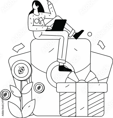 Ambitious entrepreneur celebrating financial growth and success with laptop, gift, and money plant in modern business concept