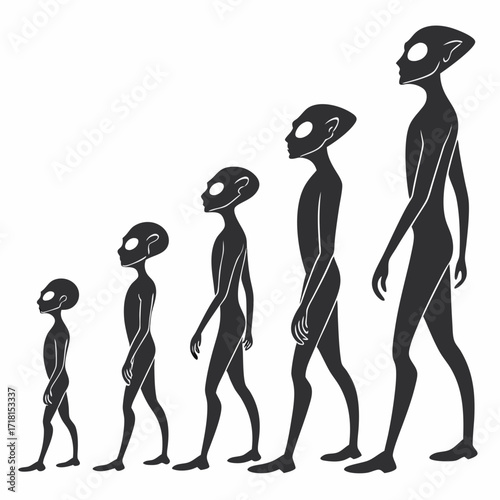 Five Silhouetted Aliens in a Line Showing Progression