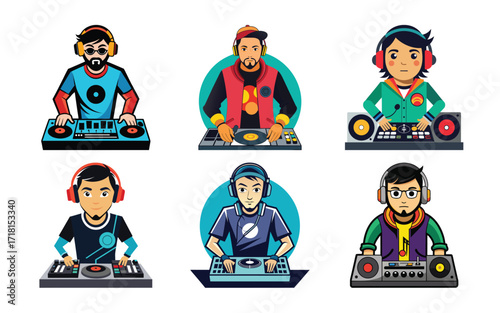 Six DJs Mixing Music Colorful Designs