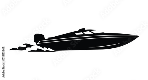 A sleek black speedboat silhouette moving rapidly through water creating wake