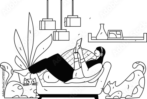 Cozy person relaxing on sofa with headphones and tablet, playful cats nearby, modern home interior ambiance, perfect for lifestyle and comfort themes